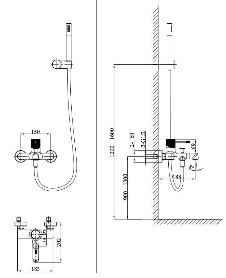 Настенный смеситель для ванны с ручным душем Lablù Iseo ARCH-00084088 - Вид №2