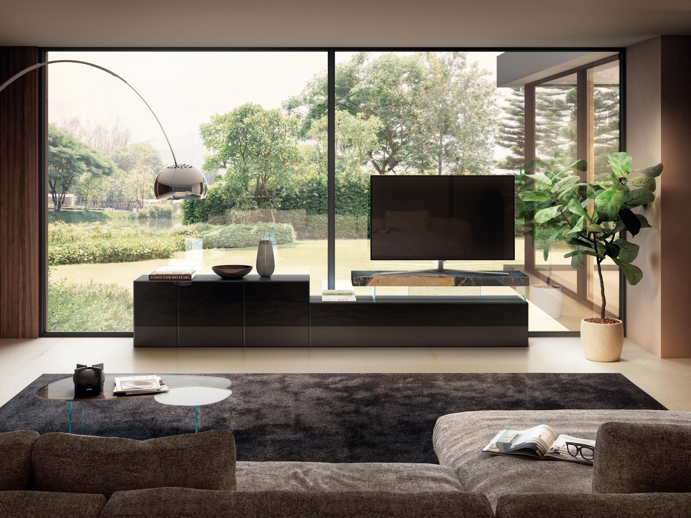 Стеклянный шкаф для телевизора с выдвижными ящиками и распашными дверцами Lago Air ARCH-00131003