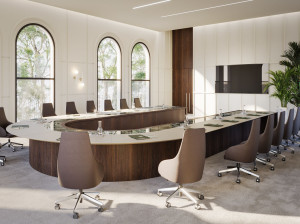 Стол для совещаний с деревянным шпоном и стеклянной и кожаной столешницей