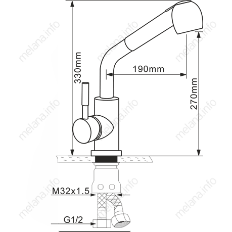 Смеситель д/кухни MELANA-F8109 нерж.сталь, однорычажный, сатин, вытяжной излив  - Вид №2