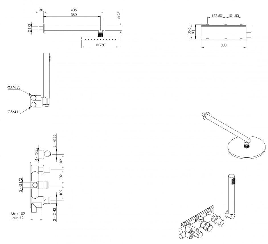 Термостатический набор для душа с 5 отверстиями из нержавеющей стали с ручным душем LUSSO Urban ARCH-00067234 - Вид №4