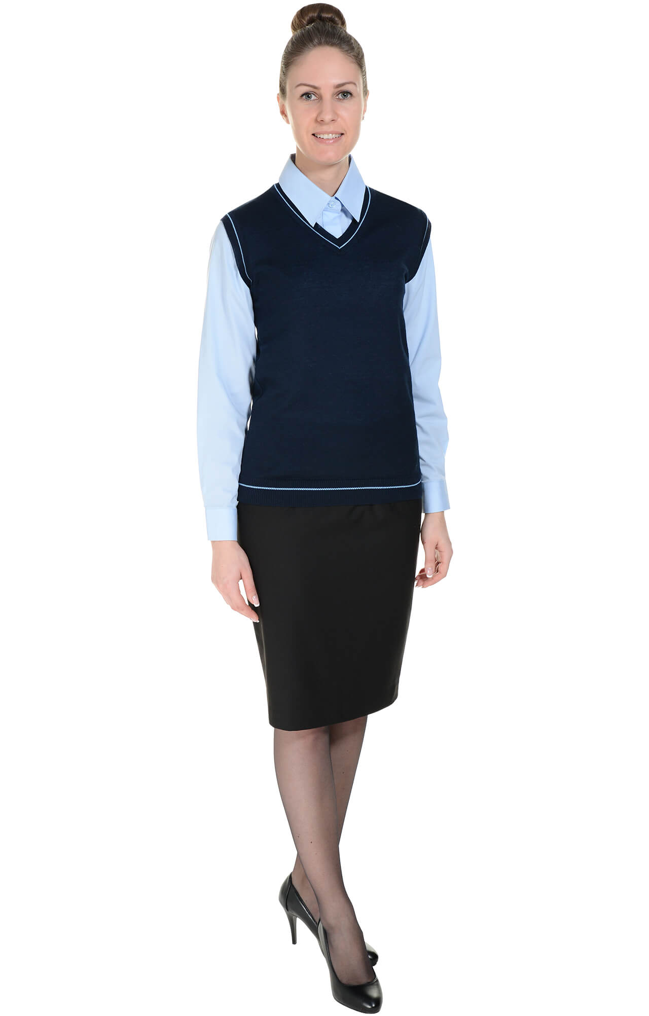 62523 Жилет трикотажный женский темно-синий с голубым  Одежда для официантов  размер 40-42 Спецодежда  - Вид №2