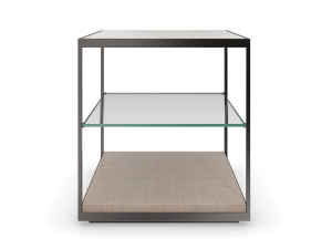 Высокий квадратный металлический журнальный столик с травертиновым верхом