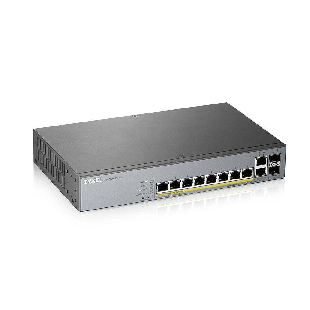 GS1350-12HP-EU0101F gs1350-12hp l2 poe + switch for ip cameras, 10xge (8xpoe +), 2xsfp, poe budget 130 w, power transmission distance up to 250 m, auto-reloading of poe ports, increased overvoltage and electrostatic discharge protection ZyXEL Santreyd  - Вид №2