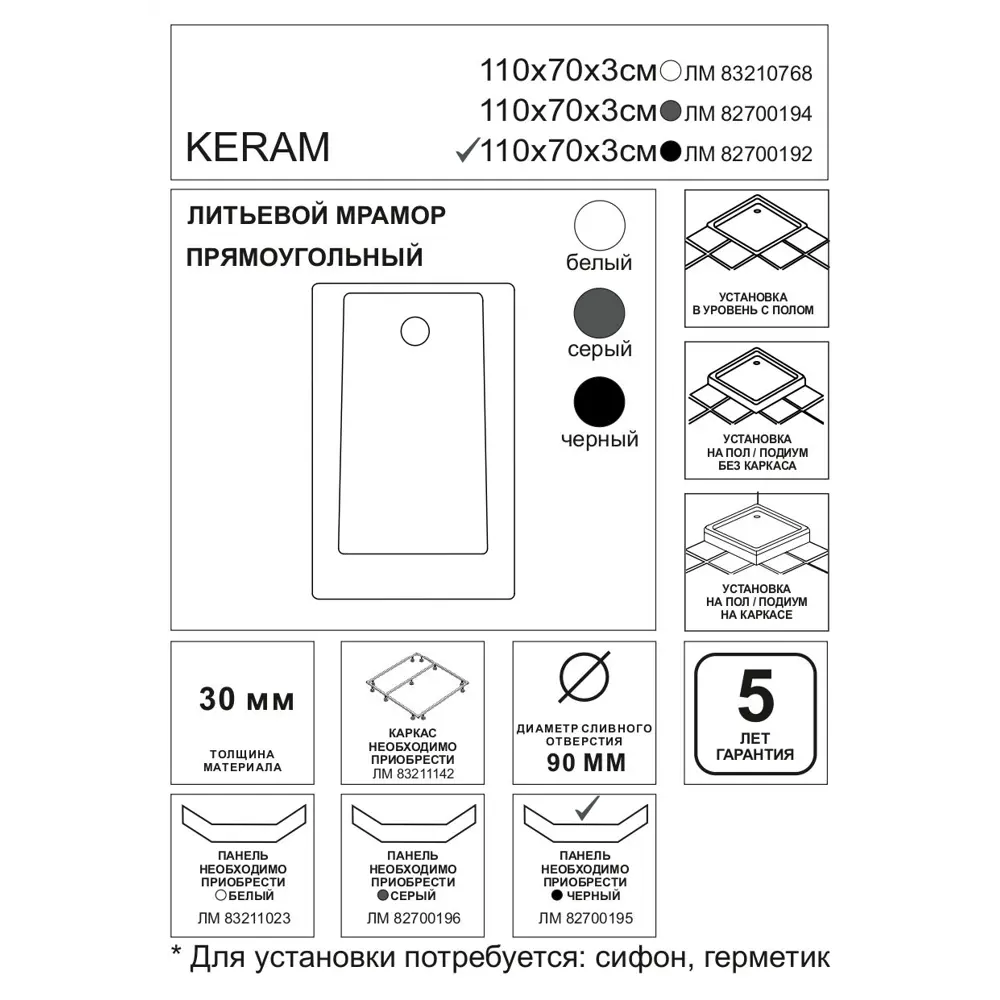 Душевой поддон Keram литьевой мрамор 110x70 см цвет черный 82700192 STLM-2088254 Santreyd - Вид №3