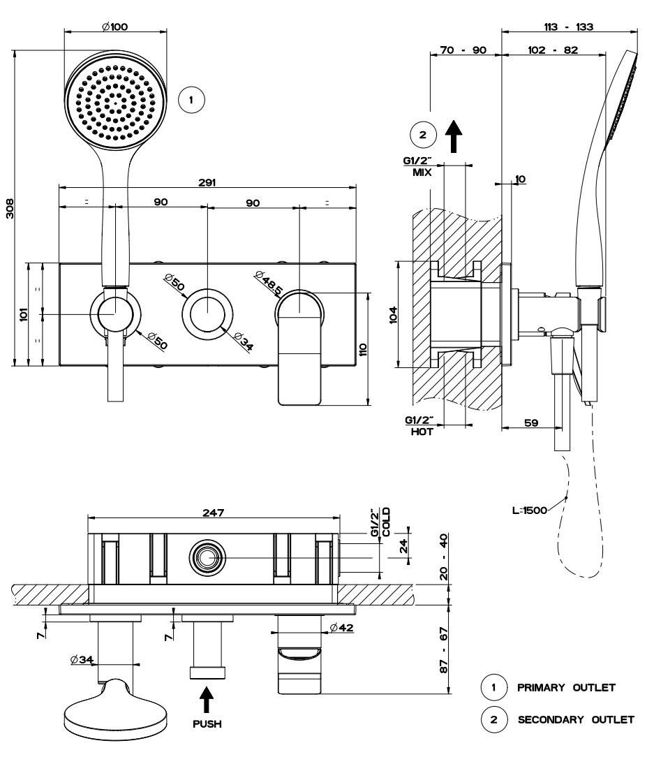 Латунный смеситель для душа с 3 отверстиями и ручным душем Gessi рельеф ARCH-00091107 - Вид №2