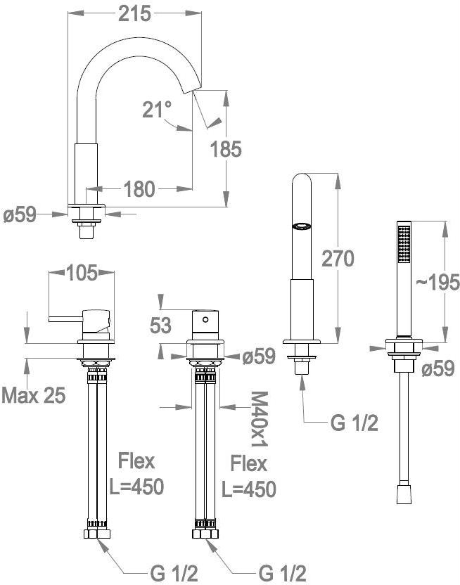 Fir Italia Комплект для ванны с ручным душем на 4 отверстия Cleo 84 8431404 - Вид №1