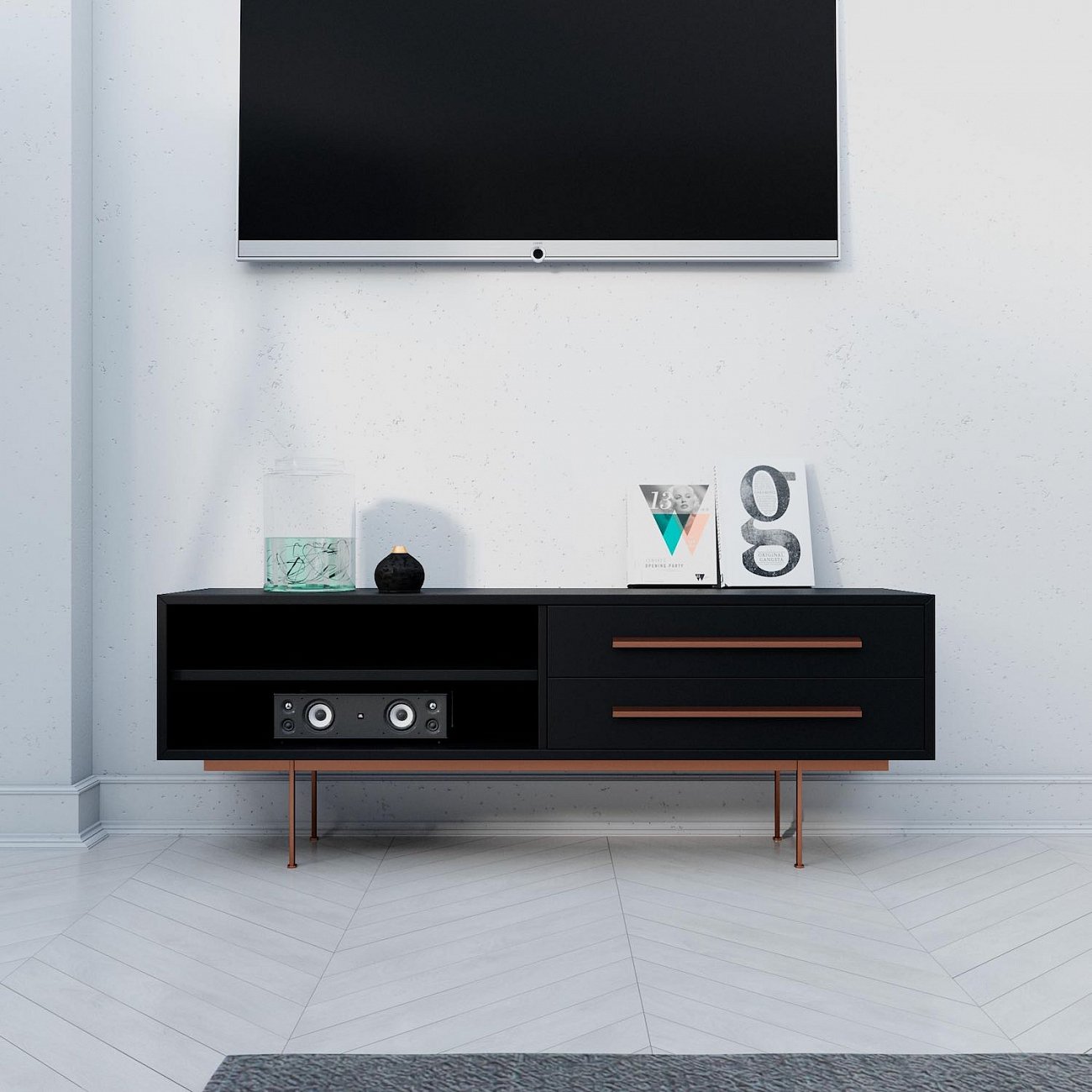 Тумба под телевизор с двумя ящиками 53х138 см черная с медью Quadro BRAGIN DESIGN TUBE 00-3862364 Золото;черный - Вид №1