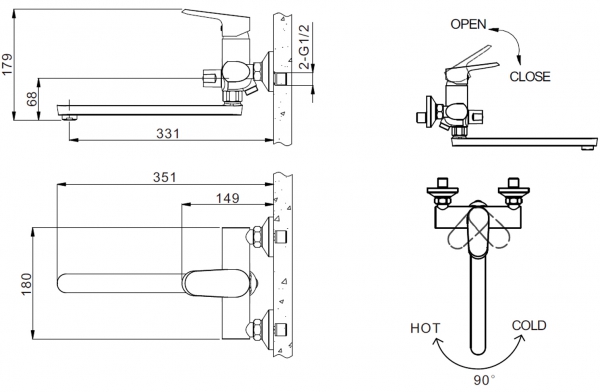 Смеситель для ванны излив 300 мм БЕЗ аксессуаров PURE F6105161C-01A bravat - Вид №2