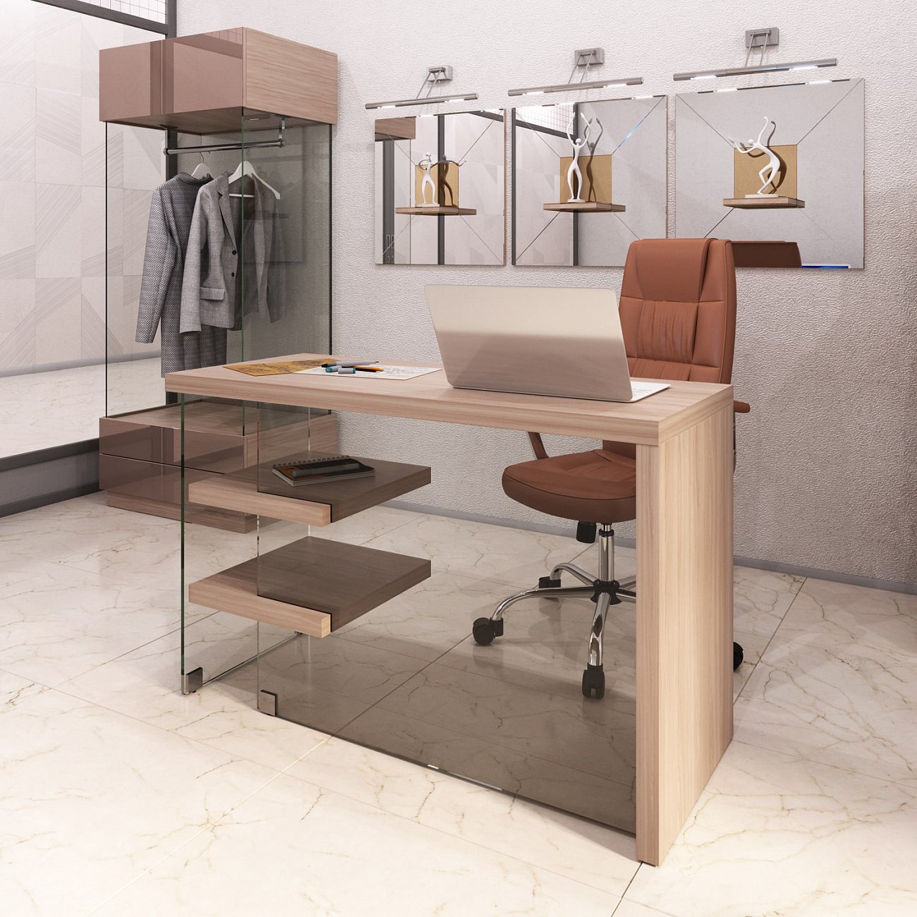 Письменный стол деревянный с полками и стеклянной опорой "Клак" GRAUM  303992 Бежевый  - Вид №4