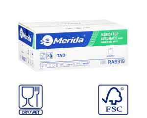 RAB319 Бумажные полотенца в рулоне с адаптером TOP TAD AUTOMATIC MAXI, белые, диаметр 19,5 см, длина 200 м, однослойные, 6 рулонов в коробке Merida