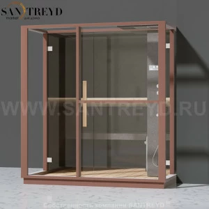 Effegibi LOGICA H LO30030015 Хаммам. Установка: в правый  полуугол. Правая дверь. Мощность: 4,5 кВт макс. Размеры: длина 214 см, ширина 250 см. Отделка: матовый лакированный коричневый аллюминий и темный ламинат из керамогранита.