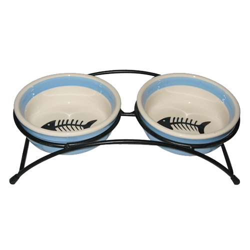 ПР0049198 Миска для животных Fish двойная голубая керам. на металл.подставке 12,5х12,5х4,5см 2х300мл Foxie 