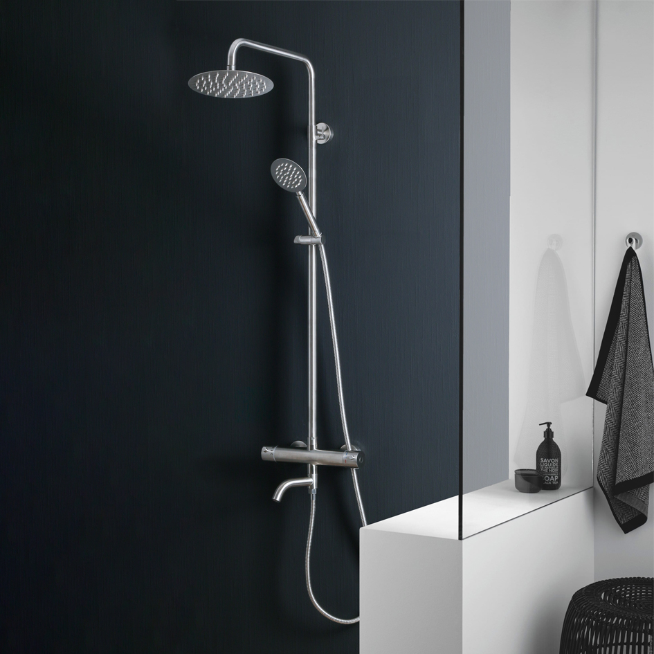 Душевая система MELANA-610307-T Stello нерж.сталь, с тропическим душем, лейкой, термостатом