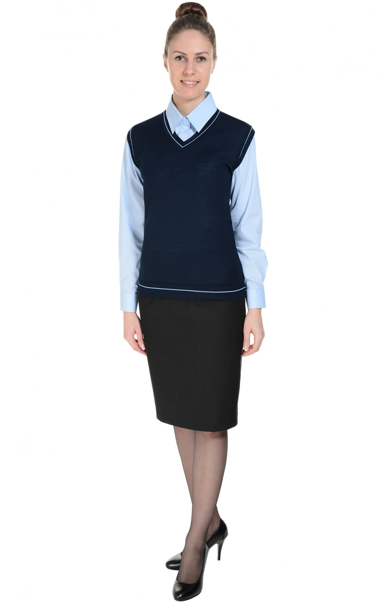 62525 Жилет трикотажный женский темно-синий с голубым  Одежда для официантов  размер 48-50 Спецодежда 