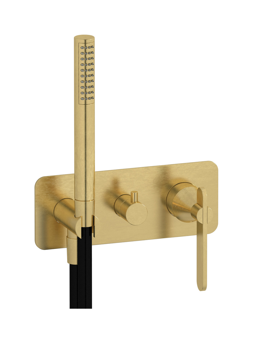 Внешние части встроенного в стену смесителя на 3 потребителя в комплекте с душевым гарнитуром. WE ARE IB ol206cs Natural Brass Soho