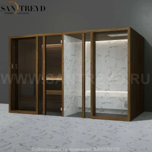 Effegibi YOKU.G SH YO.30310004 Комбинированная баня: хаммам и сауна. Установка: к стене Мощность: 10,5 кВт макс. Размеры: длина 342 см, ширина 170 см. Отделка: чёрный орех и светлый керамогранит