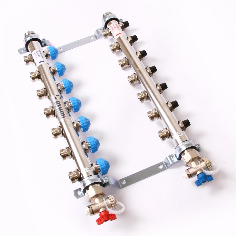 Коллекторная группа из нержавеющей стали с регулир. и термостатическими вентилями и расходомерами REHAU 1"x3/4"ЕК 7 выходов 218071 - Вид №1