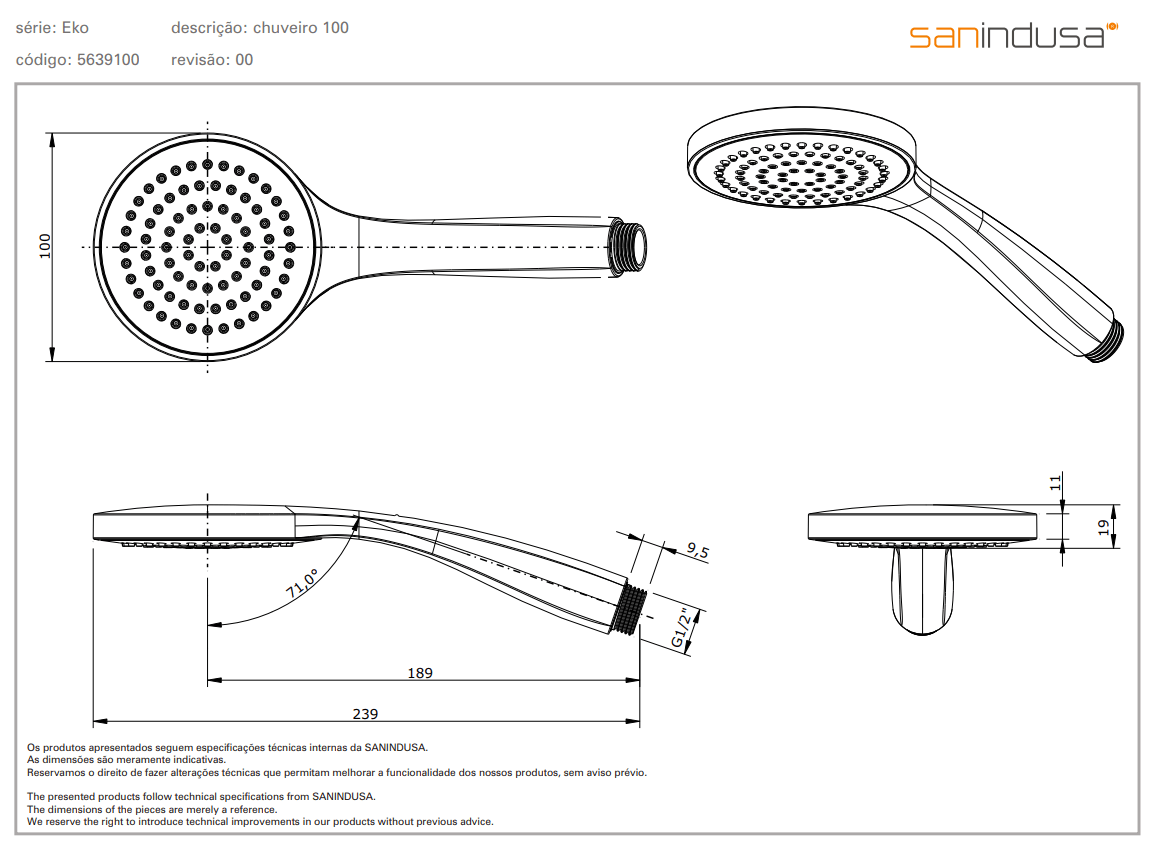 Душ ручной 1-позиционный Sanindusa Eco 5639100 хром/белый - Вид №1