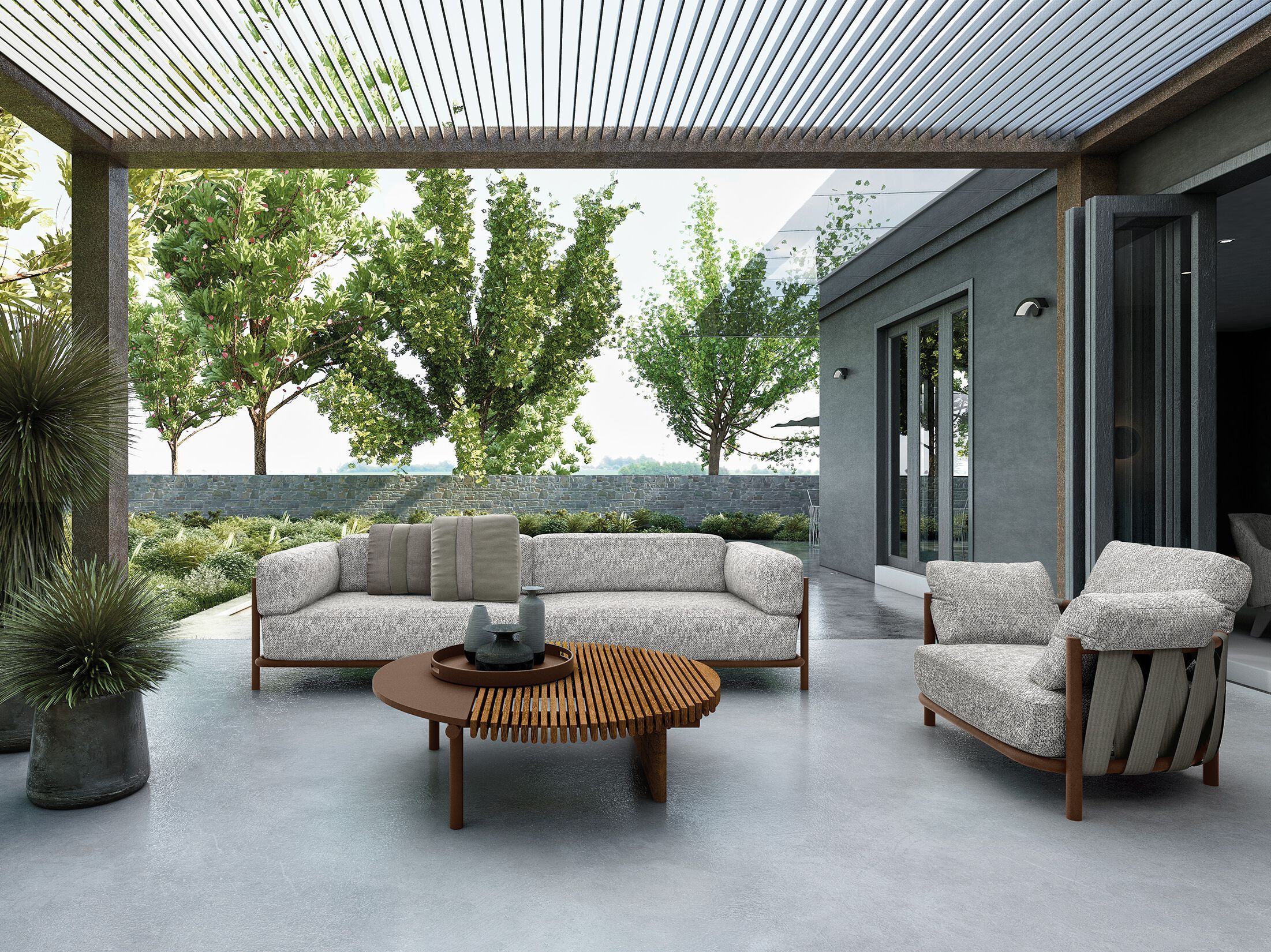 Стальной и деревянный низкий круглый садовый столик Arketipo TALAMONE ARCH-00043978 - Вид №2