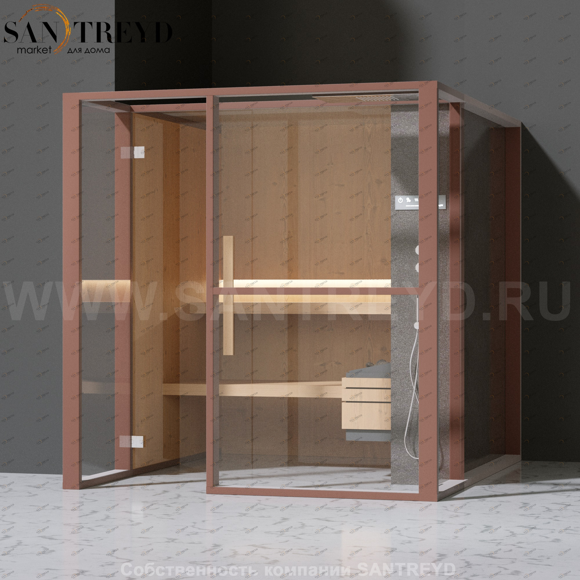 Effegibi LOGICAFILO S LO21030013 Сауна. Установка: в левый  полуугол. Правая дверь. Мощность: 6 кВт макс. Размеры: длина 214 см, ширина 250 см. Отделка: канадский хемлок, матовый лакированный коричневый аллюминий и темный ламинат из керамогранита.