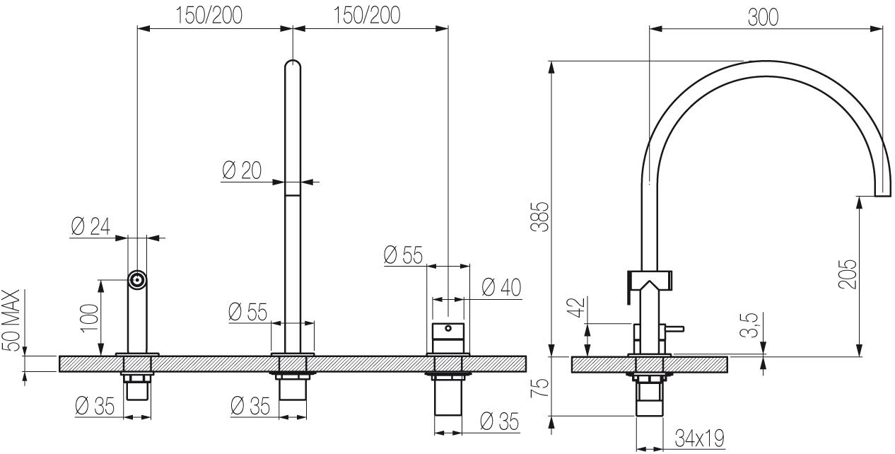 Radomonte Смеситель для кухни на 3 отверстия из нержавеющей стали с вытяжным душем  Cuc54  - Вид №1