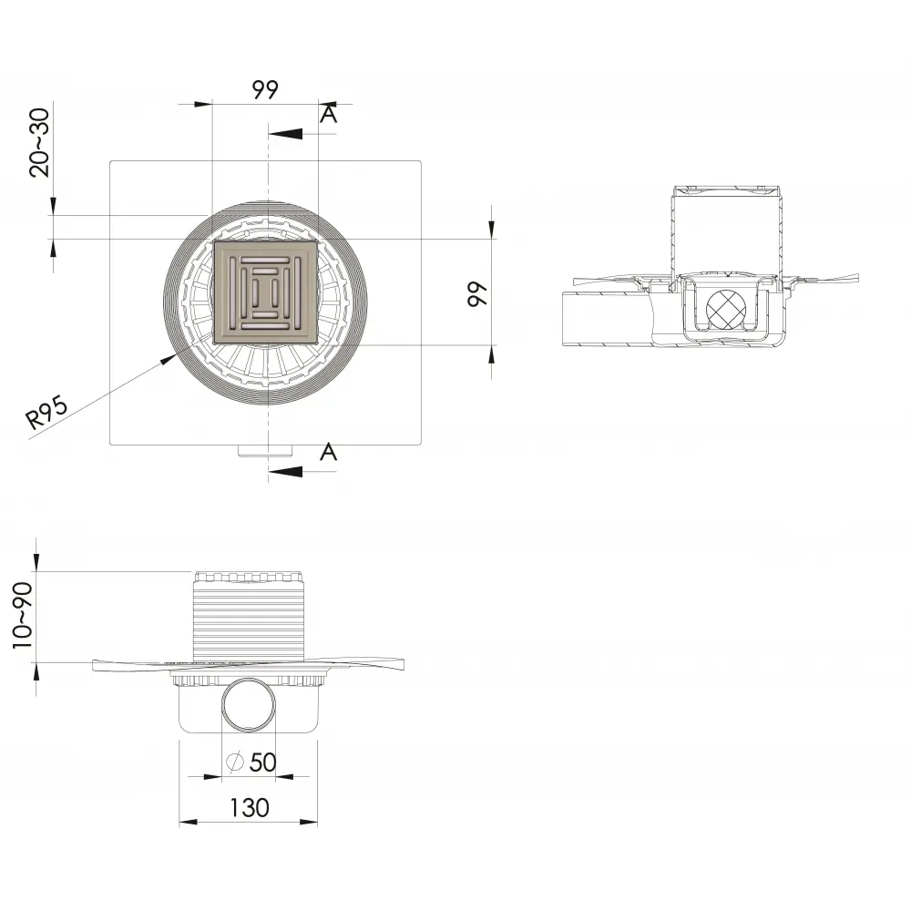Трап для душа Berges Trend комбинированный затвор 150x150 мм пластик/нержавеющая сталь 84601101 STLM-2153464  - Вид №4