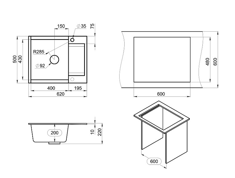ES-6202, ЧЁРНЫЙ, кухонная мойка, кварц, ESTETICA GRANULA 6202-ST215 - Вид №4