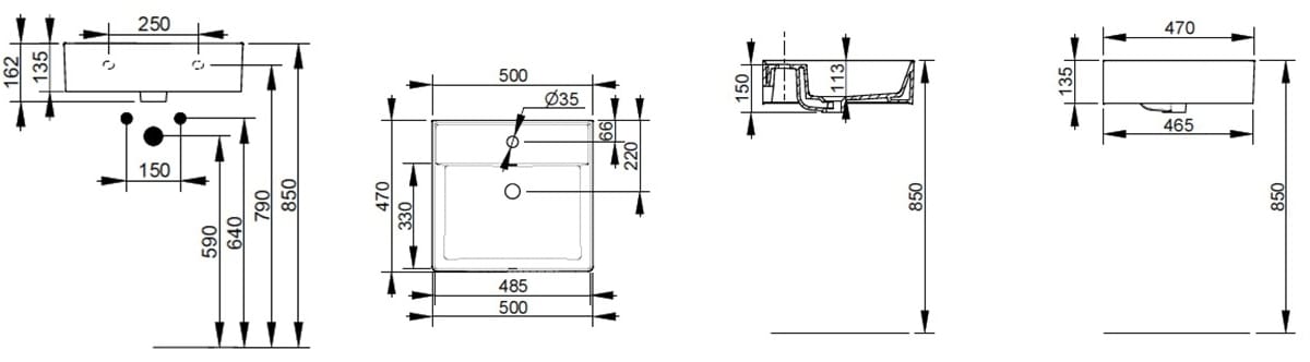 Керамический подвесной одиночный квадратный умывальник Ceramica Dolomite несколько ARCH-00111249 - Вид №3