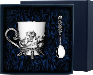 10650946 Аргента (Россия) Набор чашка чайная "Цветочная"+ложка (2пр) Серебро 925