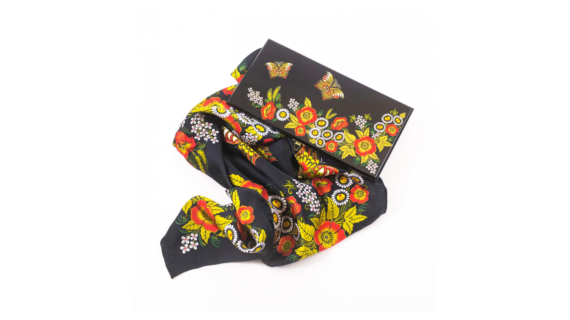 10660477 Хохломская Роспись Набор подарочный "Маковый венок" (Высшая категория)130*240*25. Платок 89*89 Шелк  - Вид №1