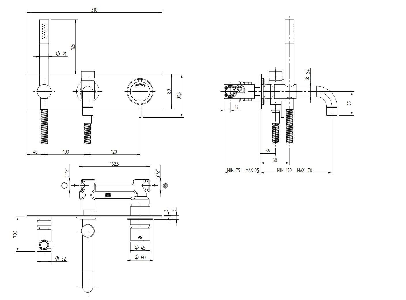 Настенный смеситель для ванны с ручным душем Zazzeri способ ARCH-00145286 - Вид №2