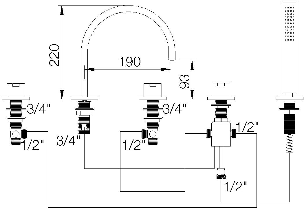 rvb Комплект для ванны на 5 отверстий с ручным душем Line 4075.--.70 - Вид №1