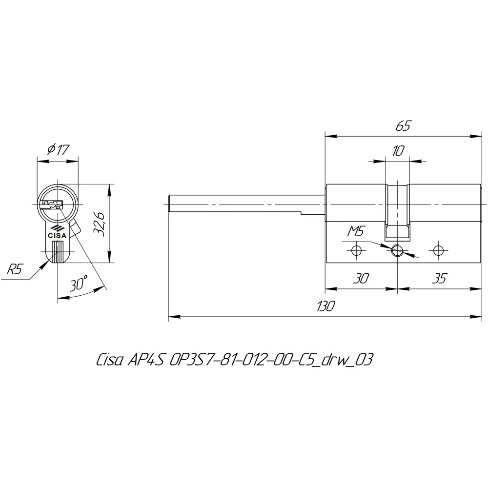 Цилиндр Cisa AP4S 0P3S7-81.12, 30x10x25 мм, ключ/шток, цвет никель, без вертушки STLM-2019981 - Вид №4