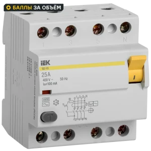 УЗО IEK ВД1-63 4Р 25 А 100 мА 4.5 кА AC MDV10-4-025-100 84300214 STLM-2083032