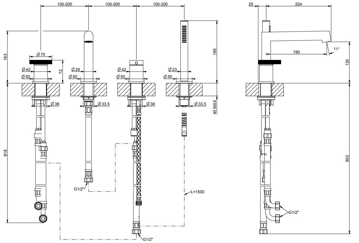 Набор для ванны с 4 отверстиями из латуни с ручным душем Gessi кольцо ARCH-00142104 - Вид №2
