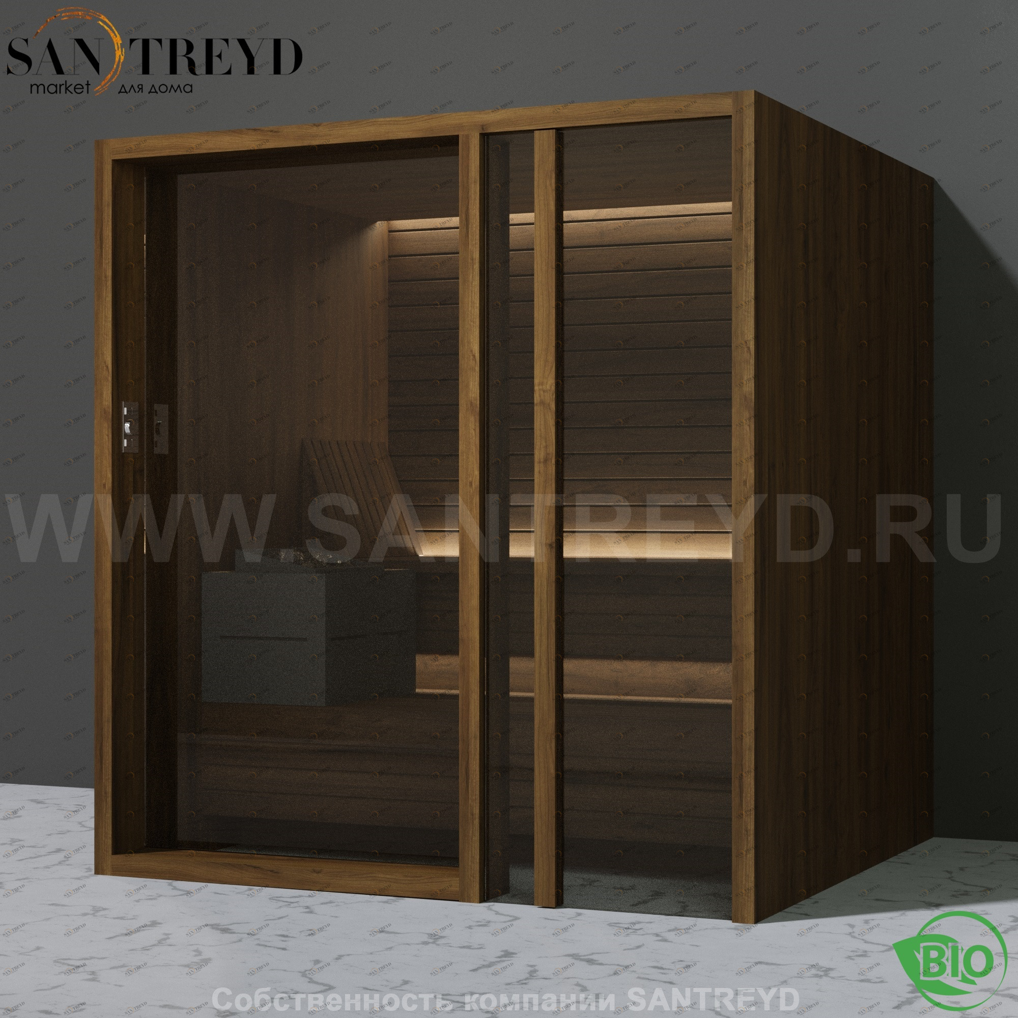 Effegibi YOKU.G80 BI.70300007 Био-сауна с правой дверью. Мощность: 9 кВт макс. Размеры: длина 202 см, ширина 180 см. Отделка: чёрный орех BI70300007