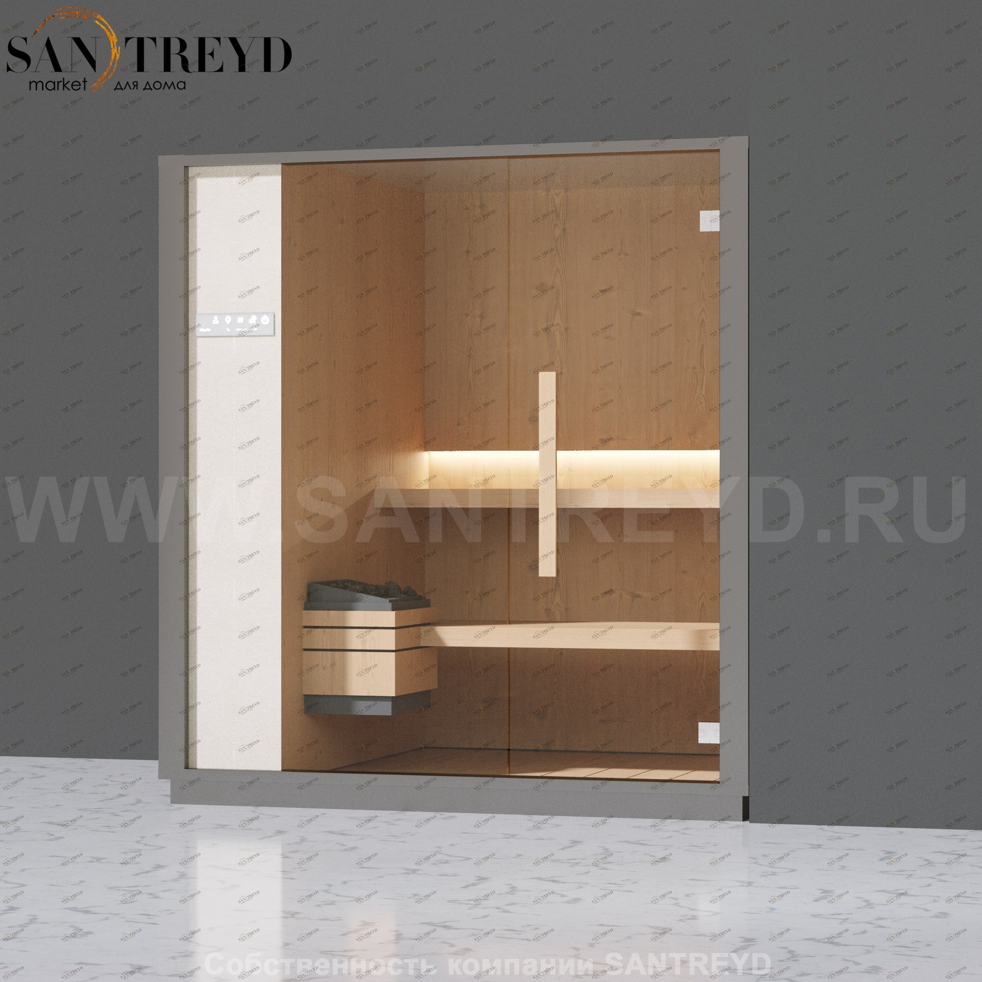 Effegibi ONE S LO50010008 Сауна. Установка: в правый угол. Левая дверь. Мощность: 6 кВт макс. Размеры: длина 214 см, ширина 171 см. Отделка: канадский хемлок, матовый лакированный серый аллюминий и бежевый ламинат из керамогранита.