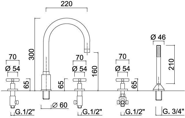 Rubinetteria Giulini Комплект для ванны на 5 отверстий с переключателем и ручным душем G3 F7660 - Вид №1