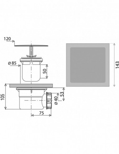 568881 000 00  Трап с крышкой для душевой кабины, h. 105 мм, в комплекте гидроизоляционный коврик, хромированный металл Valentin Хром  - Вид №2