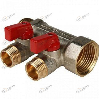 Коллектор с шаровыми кранами 1" STOUT 2 выхода 1/2", красные ручки SMB6200011202