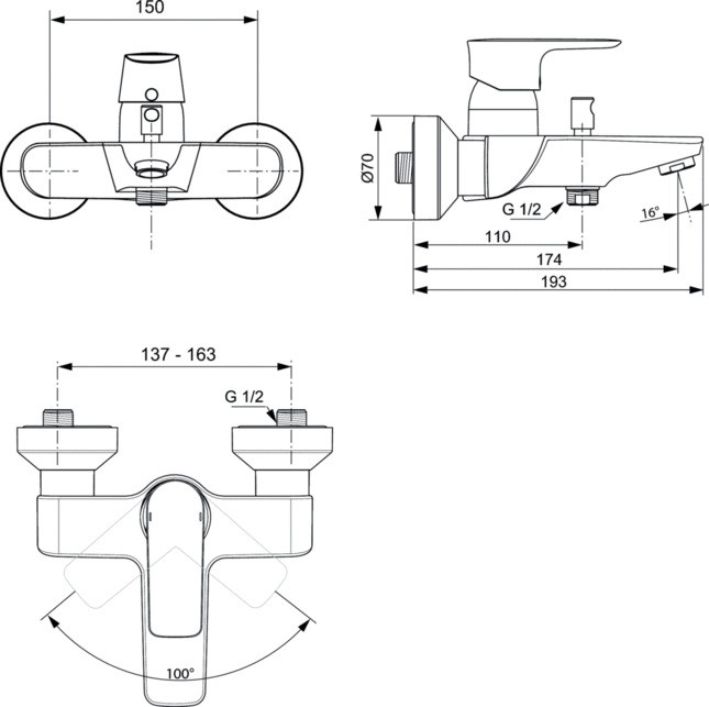 A7033GN Настенный смеситель для ванны/душа Ideal Standard CONNECT AIR - Вид №3