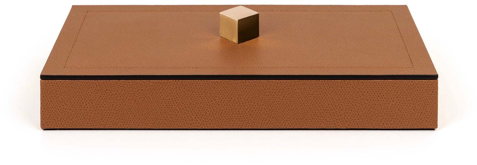 Kate Box - 17,5X17,5XH8 см / металлическая отделка_сатинированная латунь / зерненая кожа_кремовый