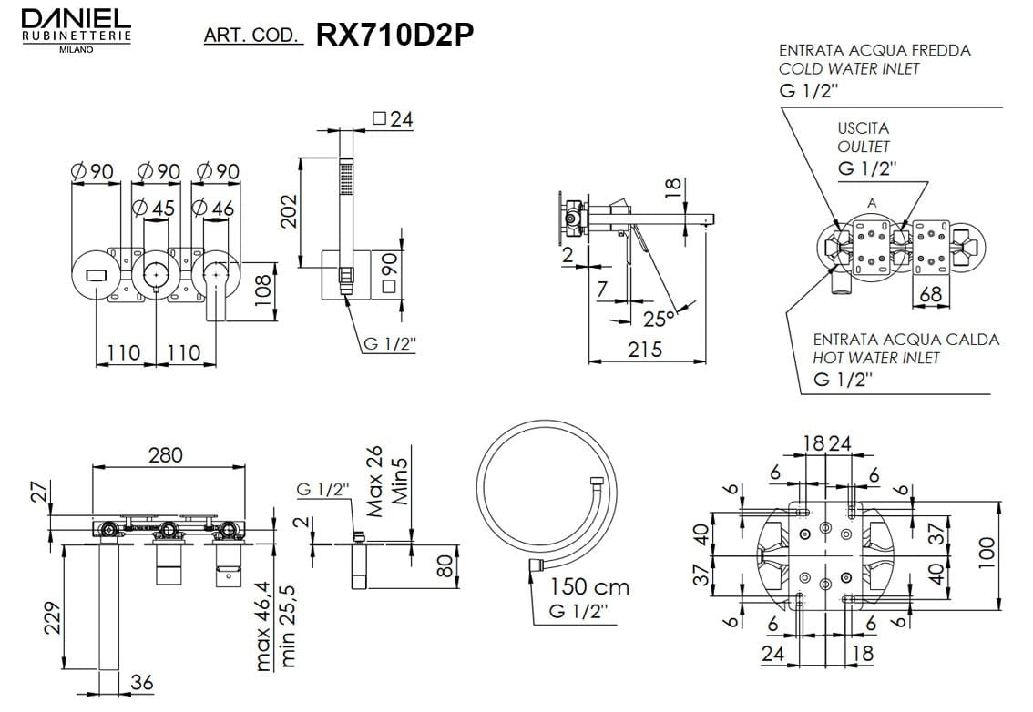 Встраиваемый однорычажный смеситель для душа с ручным душем Daniel Rubinetterie Reflex ARCH-00056033 - Вид №2