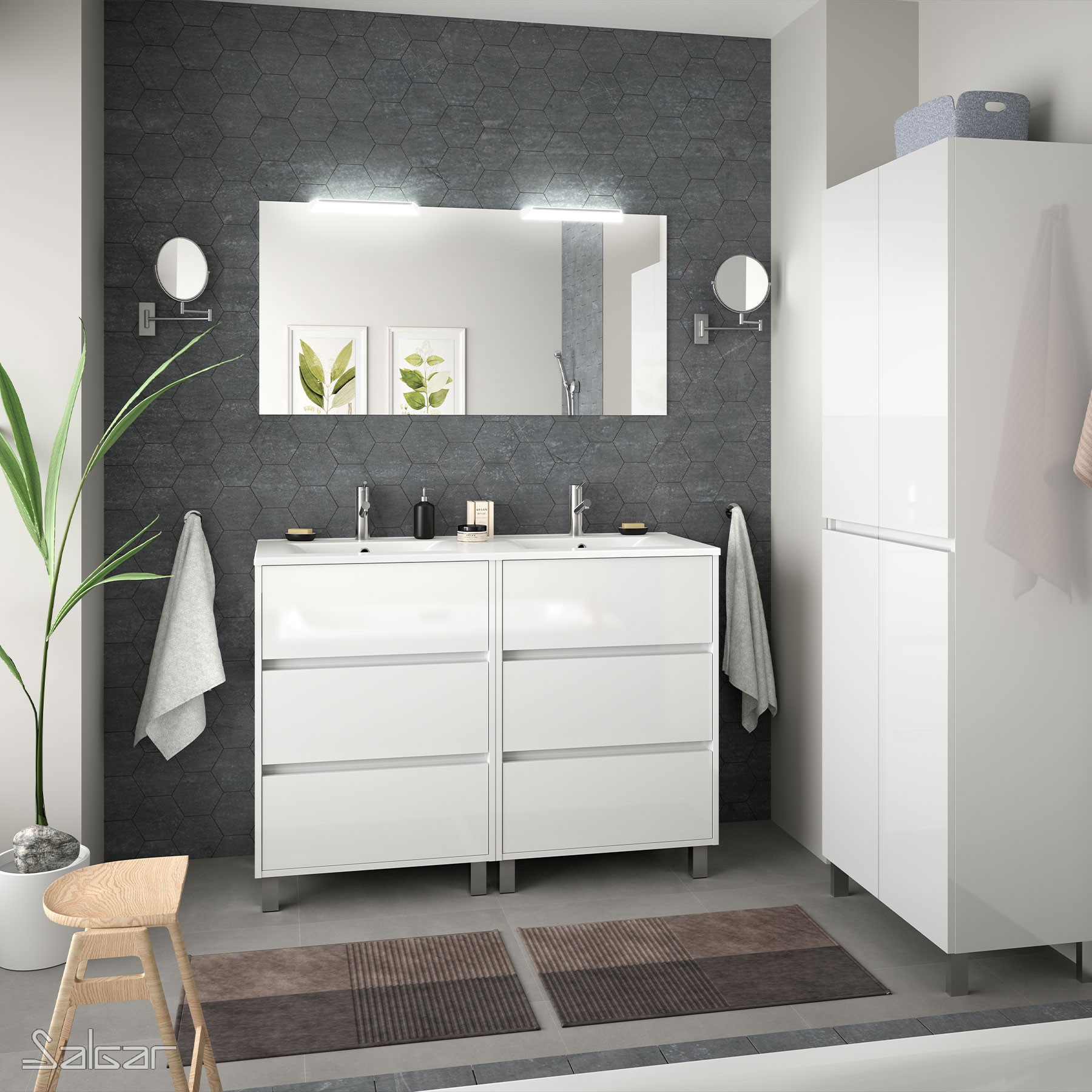 85146 SALGAR Комплект мебели для ванной ARENYS 1200 WHITE GLOSS LACQUERED + Раковина + Зеркало + Свет Глянцевый белый