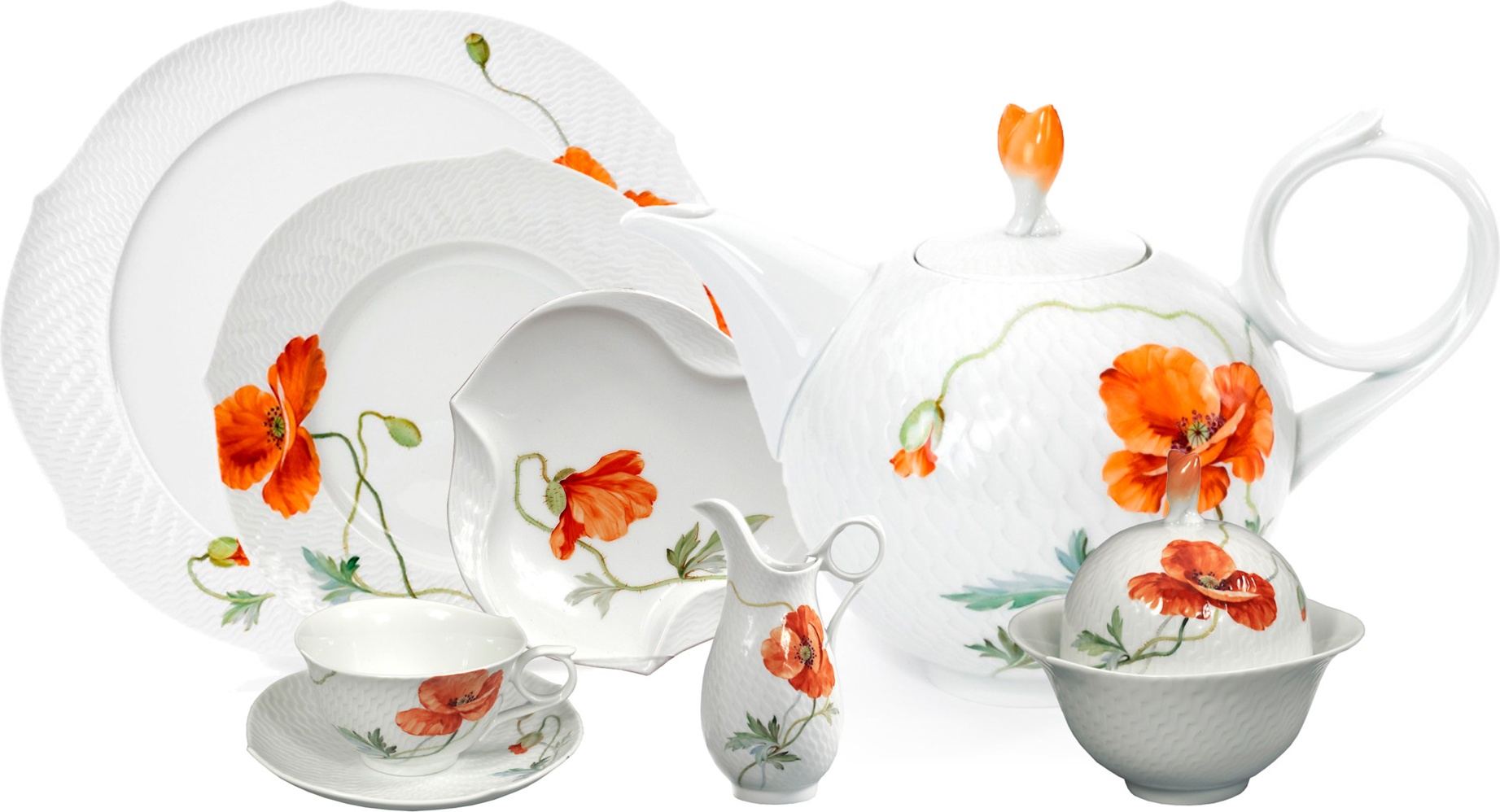 10629078 Meissen Сервиз чайный 6/24 "Игра волн, рельеф, маки" Фарфор 