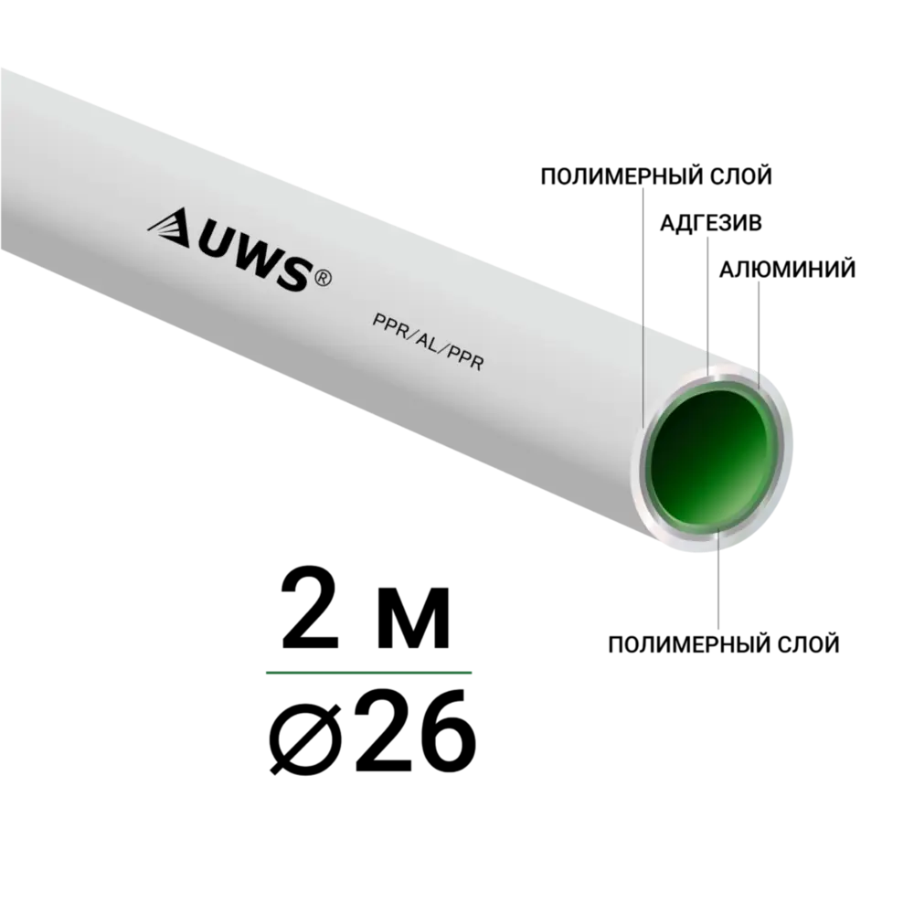 Труба полипропиленовая UWS армированная алюминием 26x3.0 мм SDR25 PN10 2 м STLM-2072208