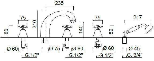 Rubinetteria Giulini Комплект для ванны на 5 отверстий с ручным душем Parigi 7360 - Вид №1