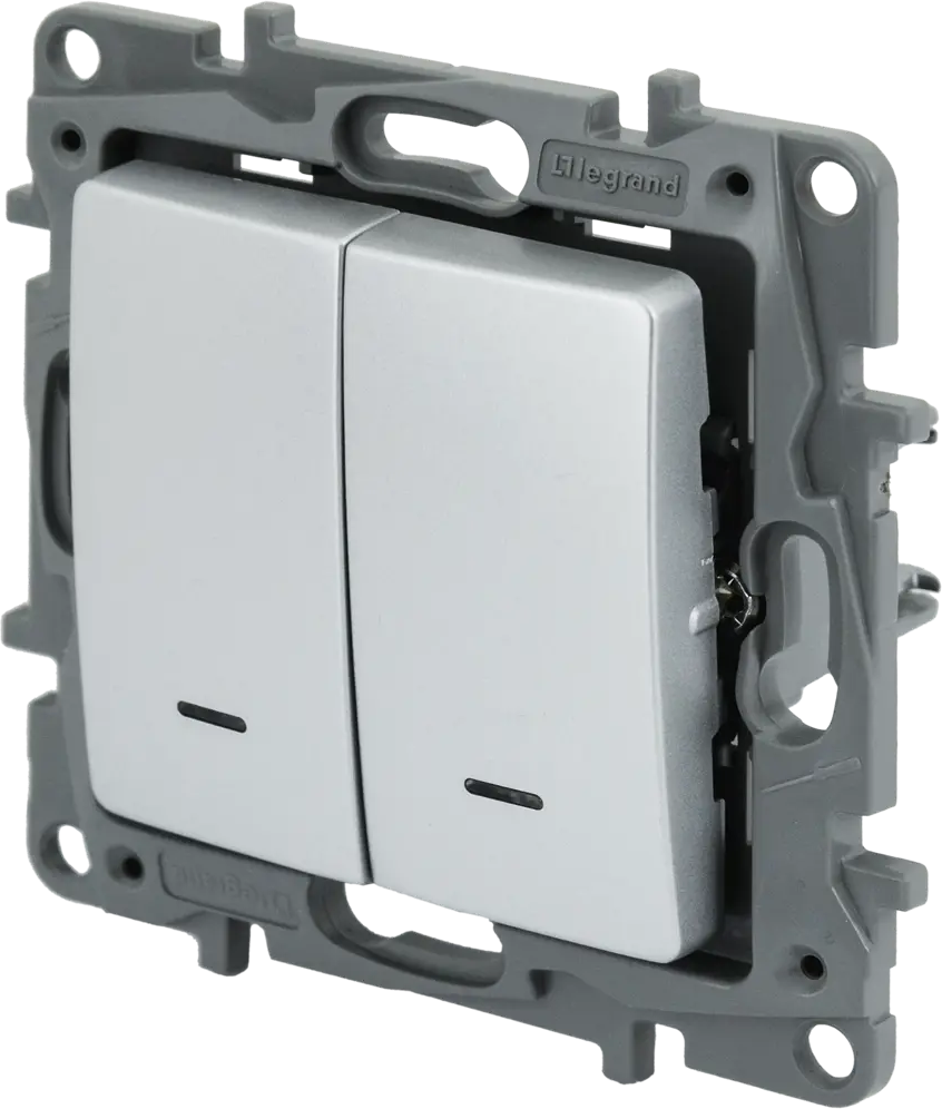 Legrand Etika — выключатель двухклавишный с подсветкой, алюминиевый 82496547