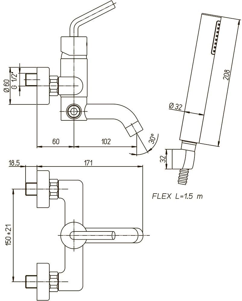 Paini Pixel 81CR100NEWKM смеситель для ванны с аксессуаром - Вид №2